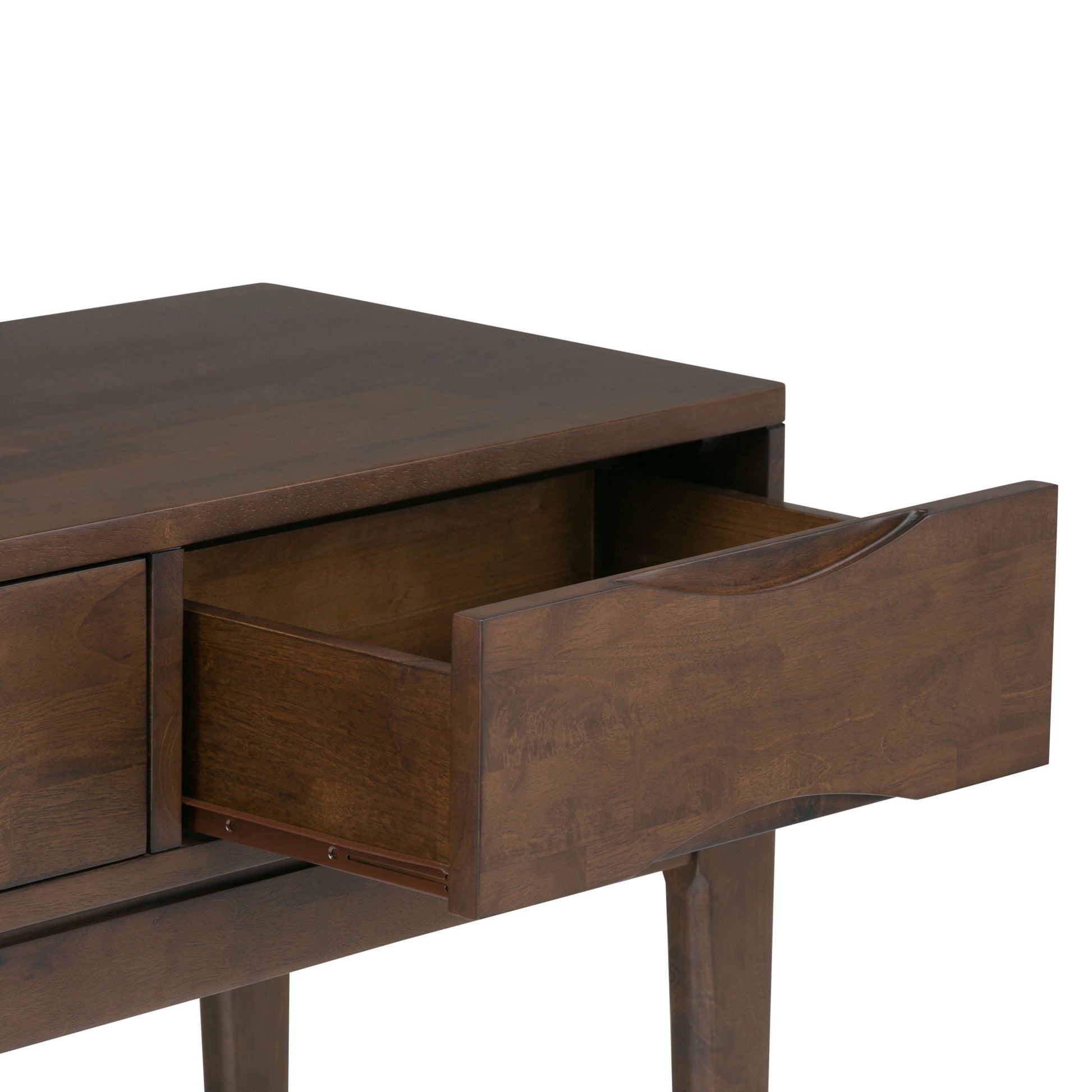 The Harper Handcrafted Console Sofa Table features a dark brown finish, simple straight legs, and one partially open drawer revealing its interior.