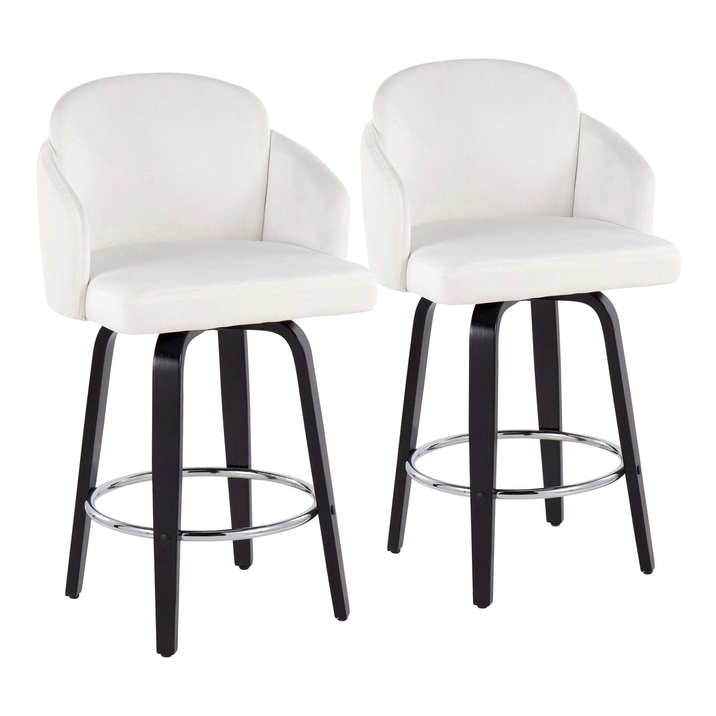 The Dahlia Contemporary Counter Stool (Set of 2) features white upholstered seats and backrests, black wooden legs, and round chrome footrests, shown on a white background.