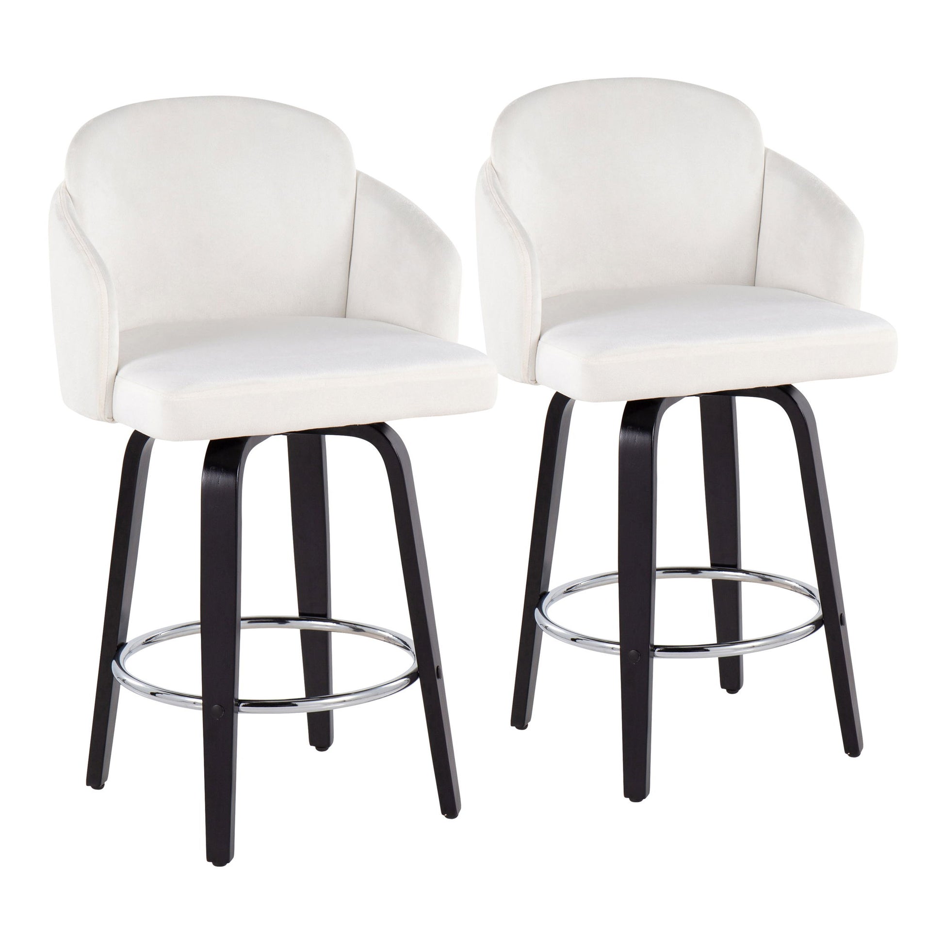 The Dahlia Contemporary Counter Stool (Set of 2) features white upholstered seats and backrests, black wooden legs, and round chrome footrests, shown on a white background.