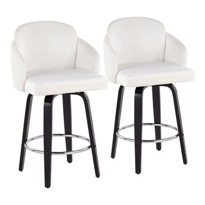 The Dahlia Contemporary Counter Stool (Set of 2) features white upholstered seats and backrests, black wooden legs, and round chrome footrests, shown on a white background.