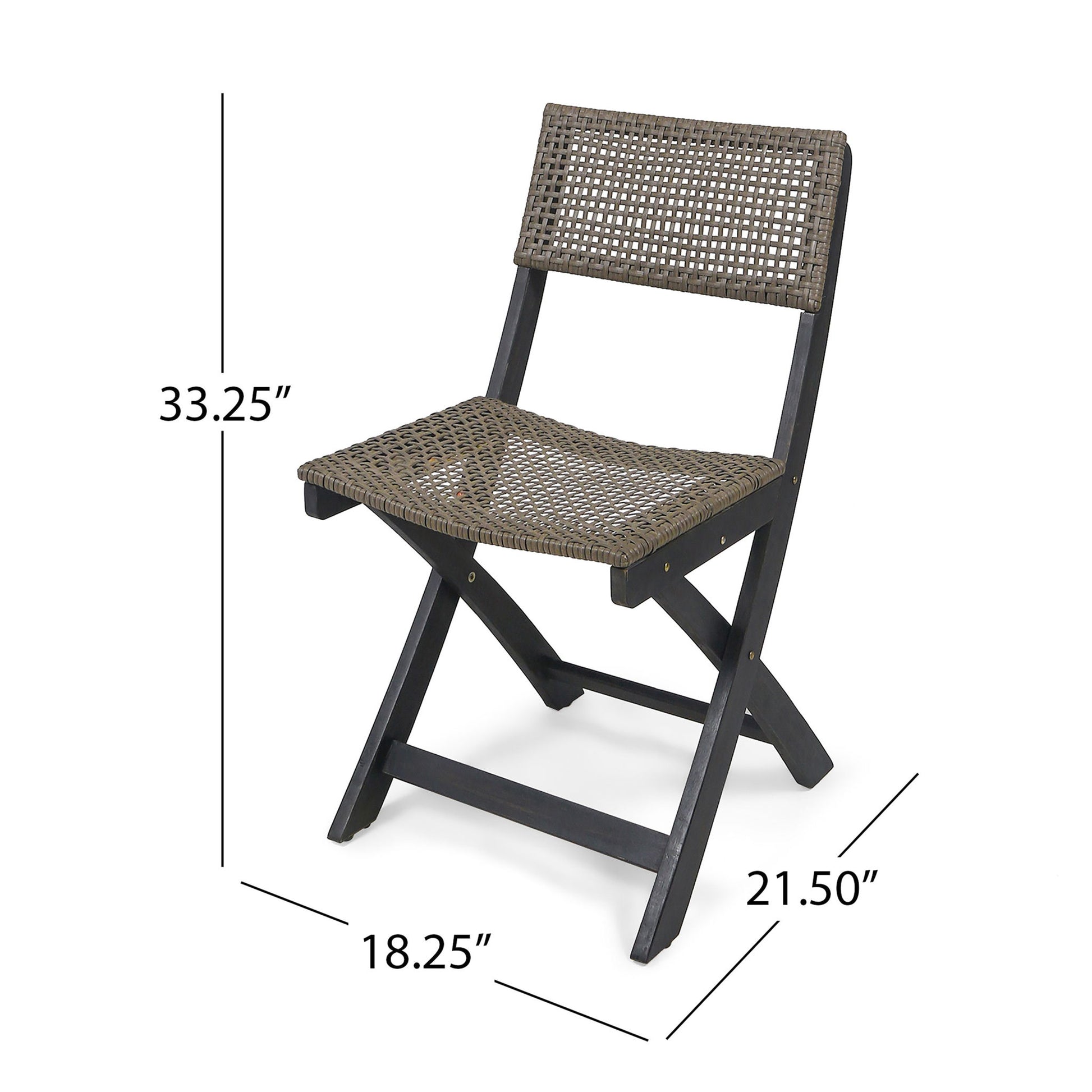 The Evergreen Outdoor Dining Set is shown, featuring a woven rattan folding chair with black wooden legs. Dimensions: 33.25" tall, 18.25" wide, and 21.50" deep. Includes dining table and two chairs.