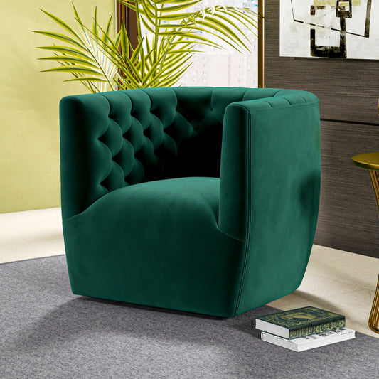 The Delaney Ergonomic Design Swivel Chair, featuring deep green velvet and tufted back and sides, sits on a gray rug by a plant, books, and side table in a contemporary living room.
