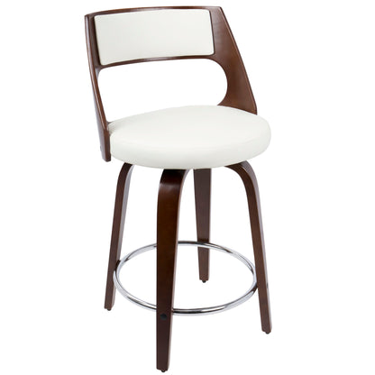 The Cecina Mid-Century Modern Fixed Height Counter Stool features a curved wooden frame, white cushioned seat and backrest panel, plus a round chrome footrest. Set of 2. Swivel design.
