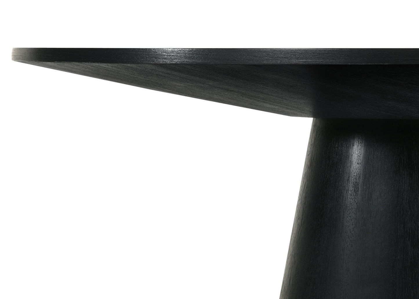Close-up of the edge and base of the Jasper - Wide Contemporary Round Dining Table With Fabric Chairs Set, featuring a smooth black wooden finish against a white background.