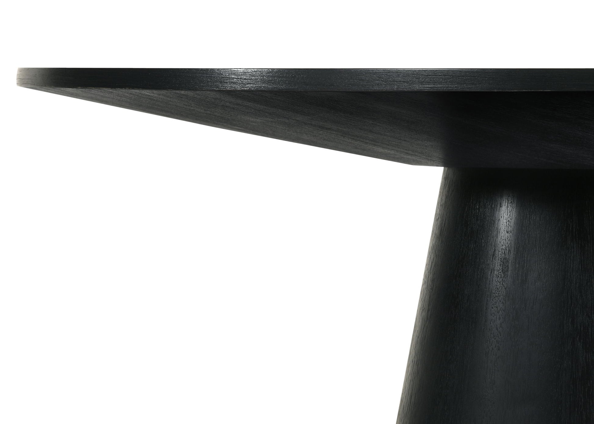 Close-up of the edge and base of the Jasper - Wide Contemporary Round Dining Table With Fabric Chairs Set, featuring a smooth black wooden finish against a white background.