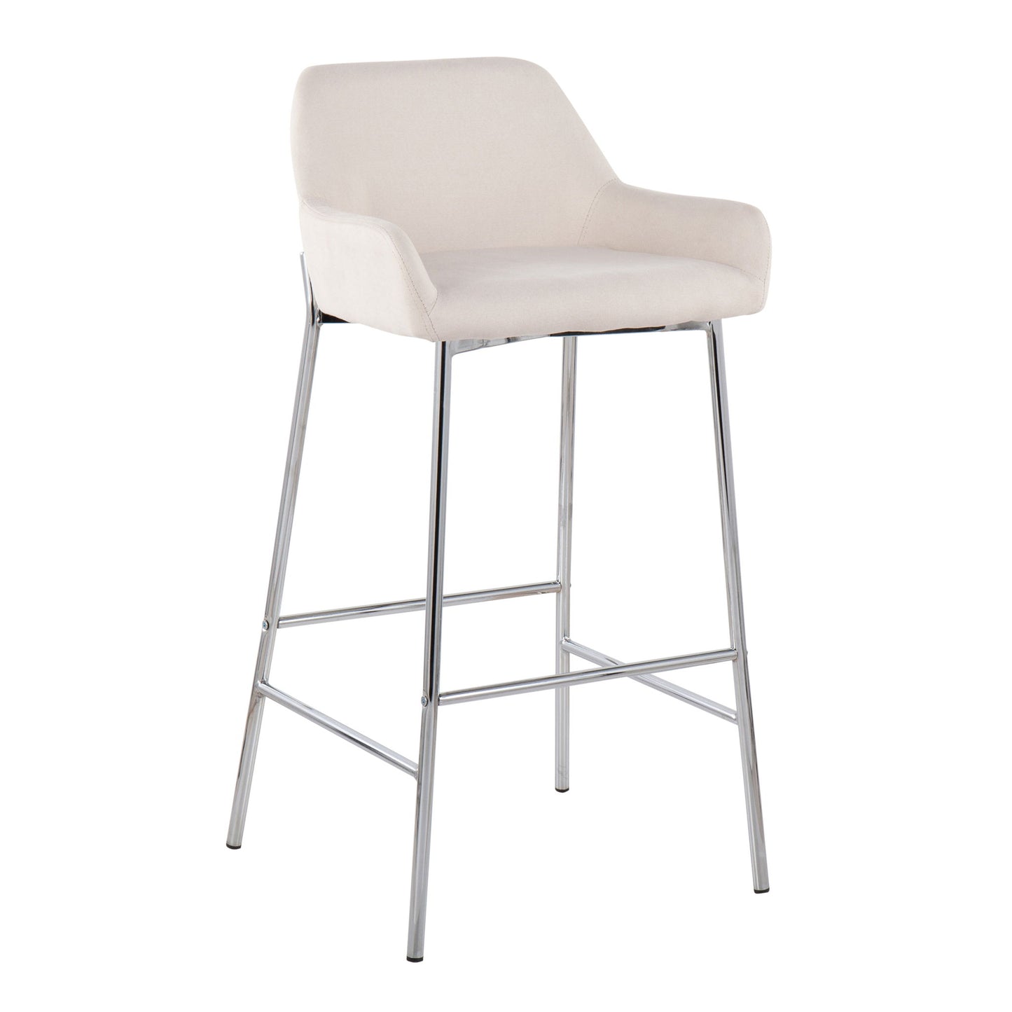 The Daniella Contemporary Fixed Height Bar Stool (Set of 2) features a white upholstered seat with low backrest and armrests, supported by slender chrome metal legs and convenient footrests.