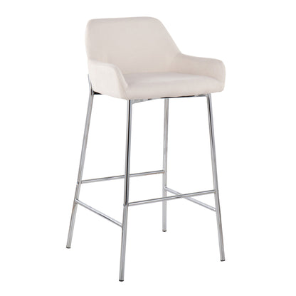 The Daniella Contemporary Fixed Height Bar Stool (Set of 2) features a white upholstered seat with low backrest and armrests, supported by slender chrome metal legs and convenient footrests.