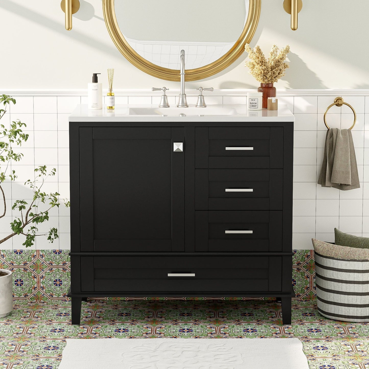 A modern bathroom features the Bathroom Vanity, a solid wood cabinet with sink combo, soft-closing door, and 3 drawers in black with a white countertop. Silver fixtures and decor accents complement the colorful tile and white walls.