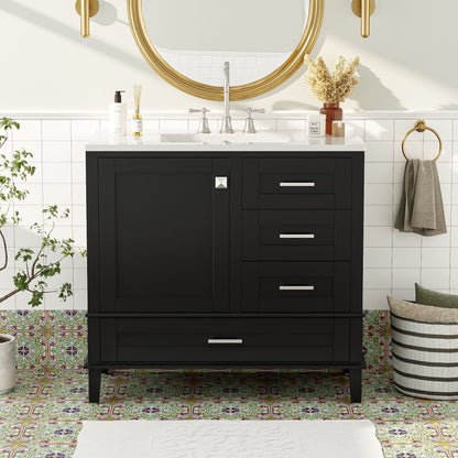 A modern bathroom features the Bathroom Vanity, a solid wood cabinet with sink combo, soft-closing door, and 3 drawers in black with a white countertop. Silver fixtures and decor accents complement the colorful tile and white walls.