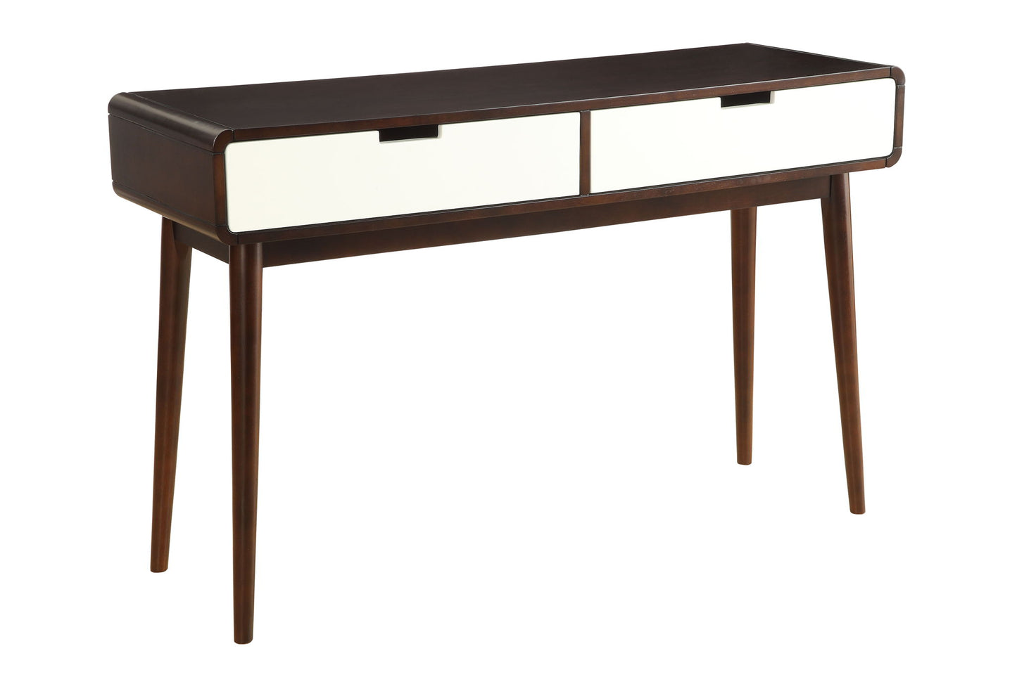 The Christa Sofa Table features a mid-century modern design with four angled legs, two white front drawers, and an espresso-finished frame and top.