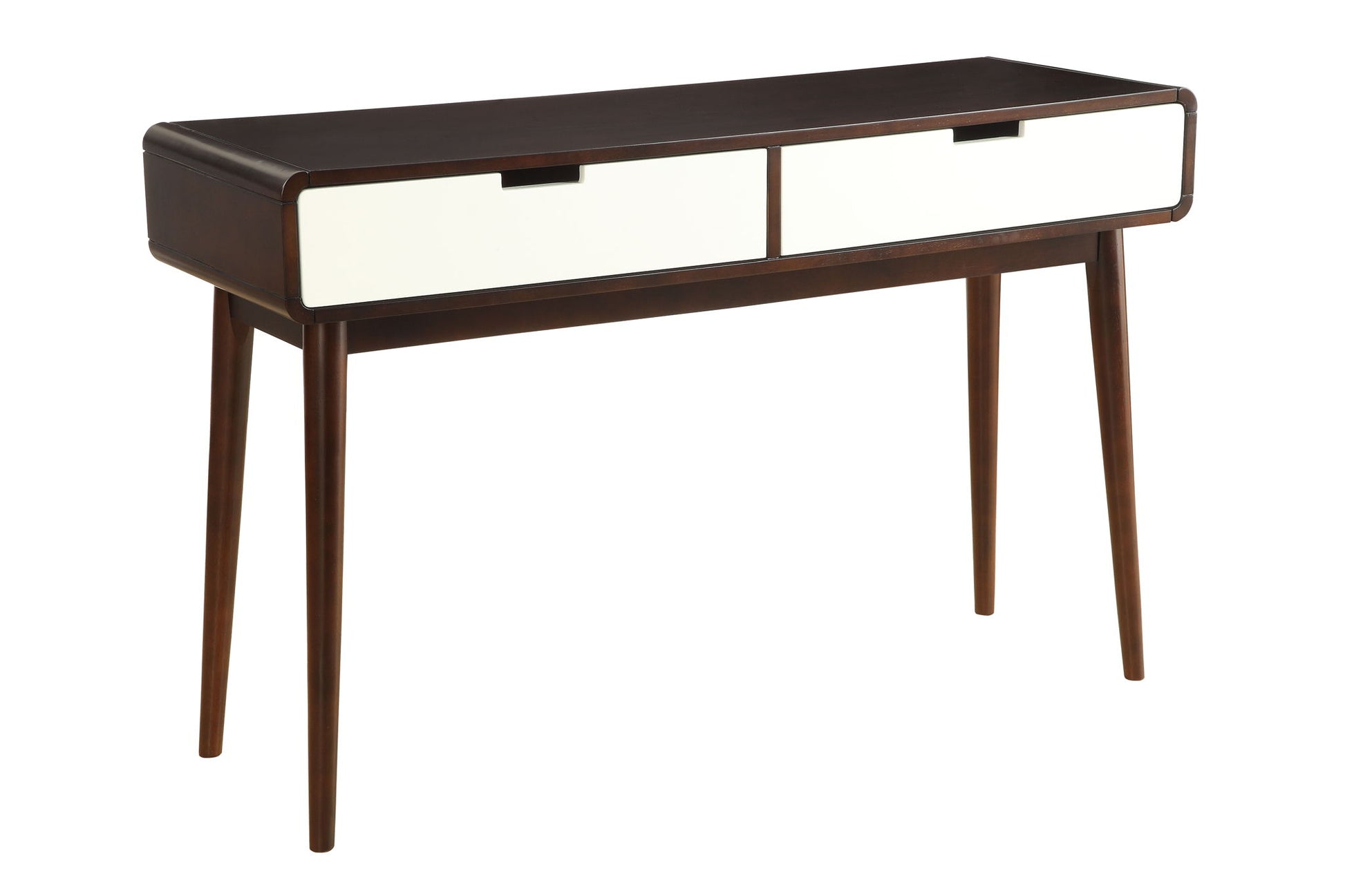 The Christa Sofa Table features a mid-century modern design with four angled legs, two white front drawers, and an espresso-finished frame and top.