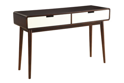 The Christa Sofa Table features a mid-century modern design with four angled legs, two white front drawers, and an espresso-finished frame and top.
