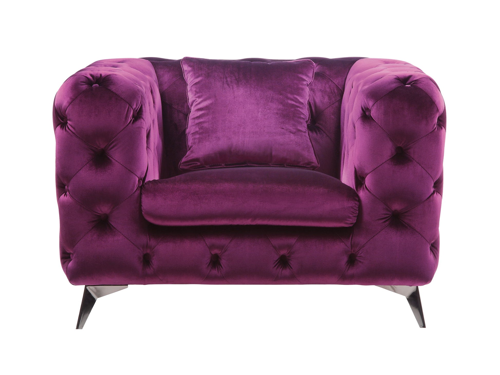 The Atronia Chair features an elegant design with plush deep purple velvet, tufted upholstery, a matching cushion, and black angled legs, showcased from the front against a white background.