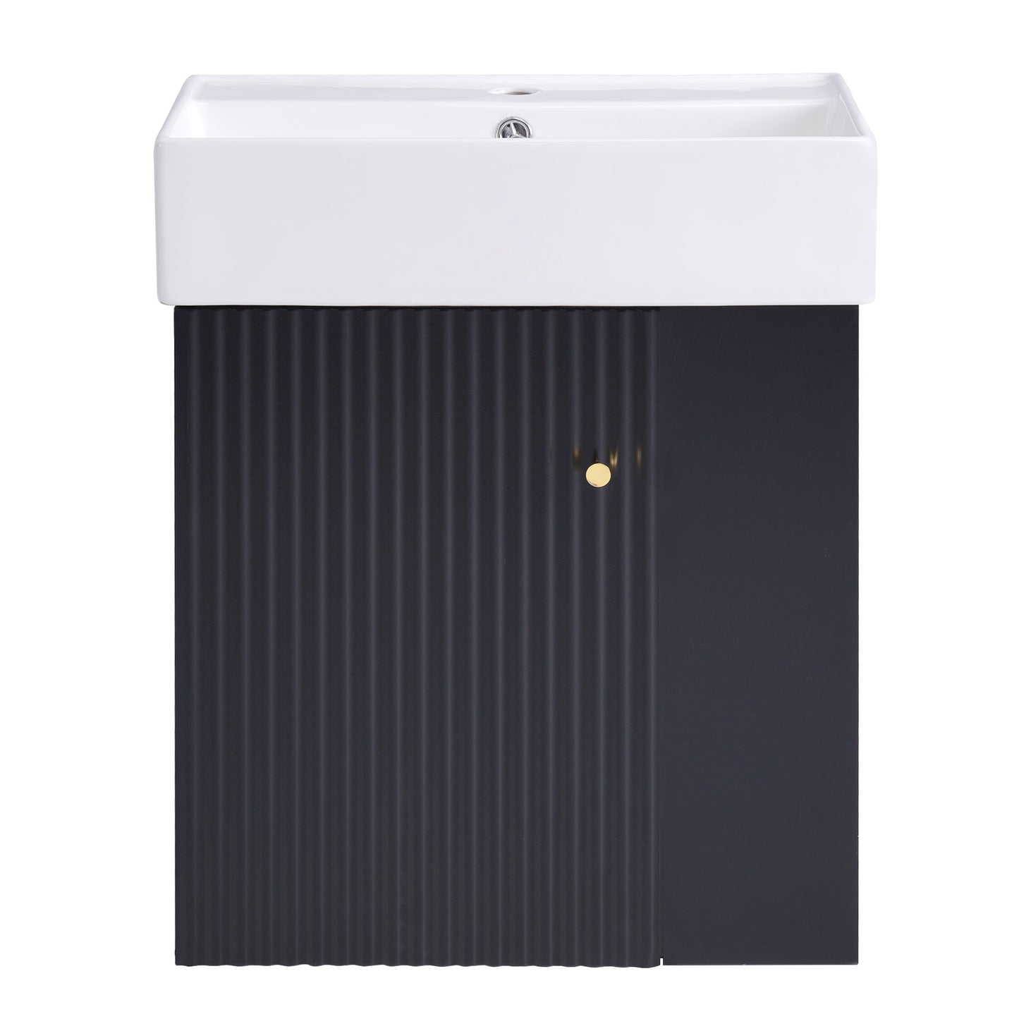 The Modern Floating Bathroom Vanity With Ceramic Basin is perfect for small bathrooms, featuring a rectangular white ceramic sink atop a dark ribbed cabinet with a small round gold handle.