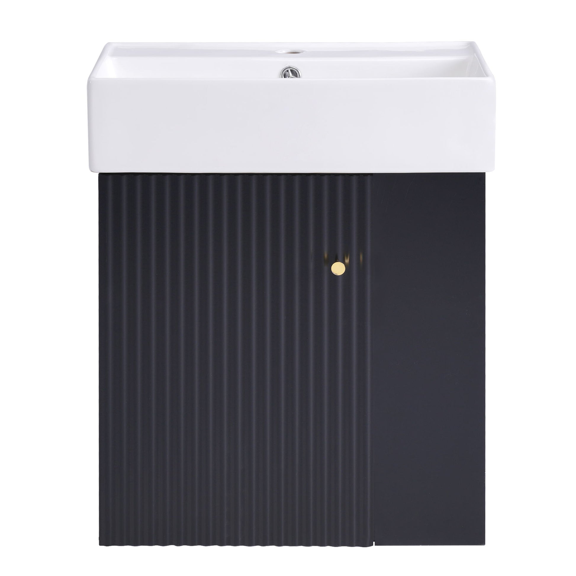 The Modern Floating Bathroom Vanity With Ceramic Basin is perfect for small bathrooms, featuring a rectangular white ceramic sink atop a dark ribbed cabinet with a small round gold handle.