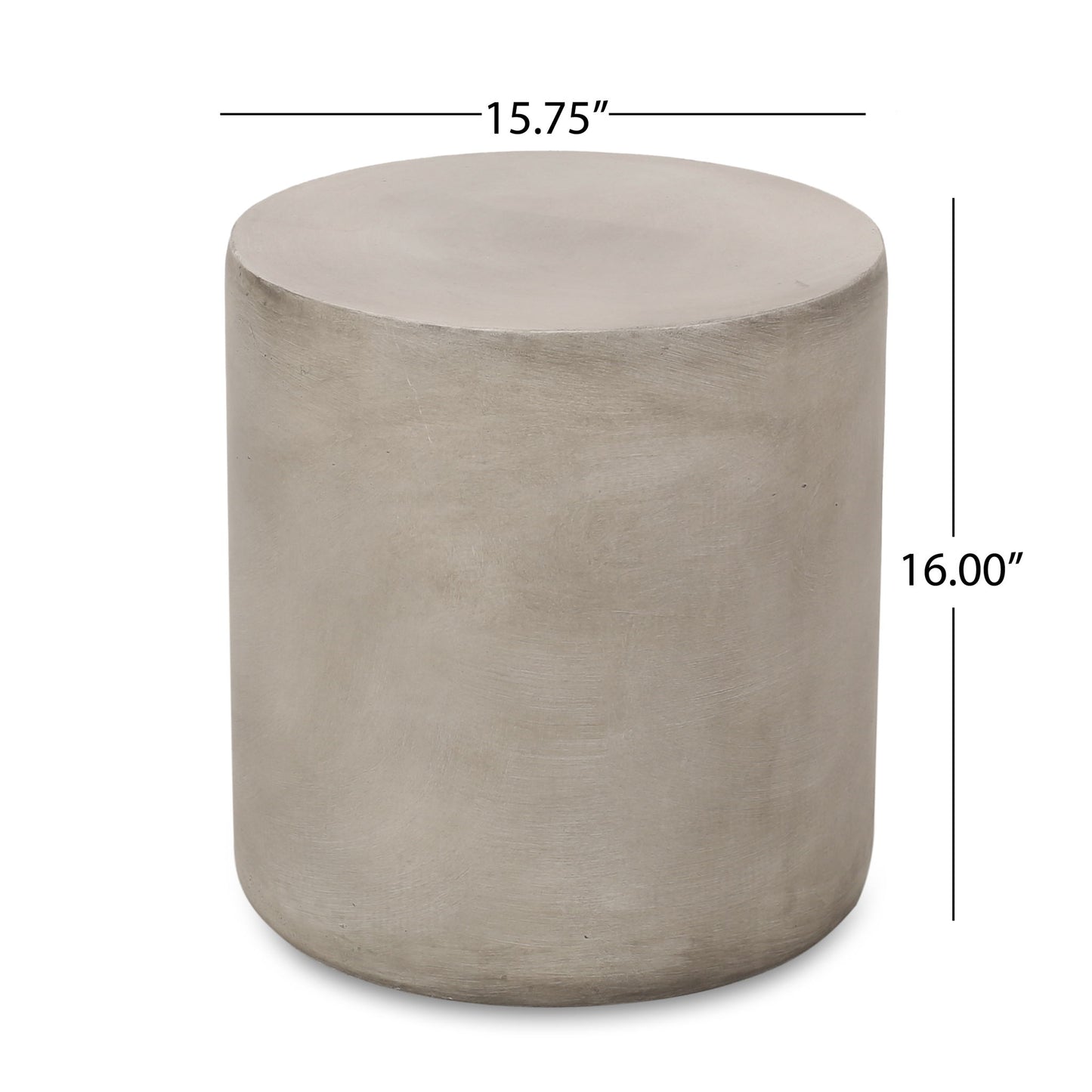The Cylindrical Design Outdoor Lightweight Concrete Side Table features a smooth, cylindrical shape and measures 15.75 inches in diameter by 16 inches tall, serving as a stylish stool or side table.