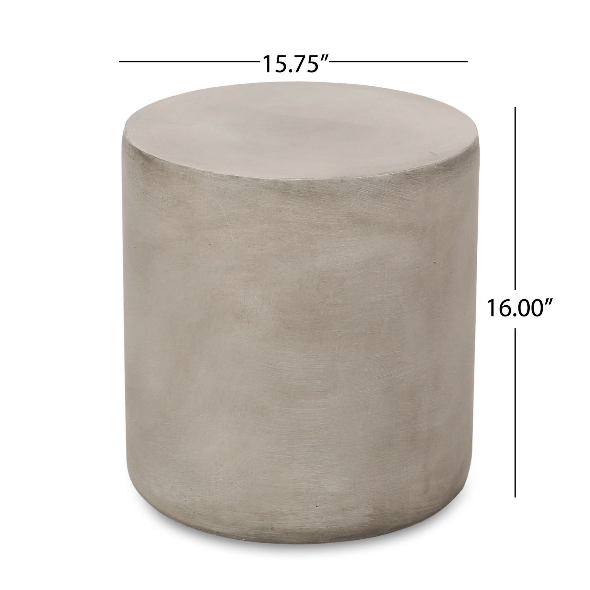 The Cylindrical Design Outdoor Lightweight Concrete Side Table features a smooth, cylindrical shape and measures 15.75 inches in diameter by 16 inches tall, serving as a stylish stool or side table.