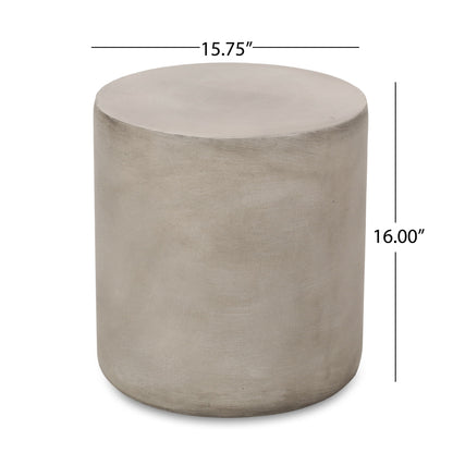 The Cylindrical Design Outdoor Lightweight Concrete Side Table features a smooth, cylindrical shape and measures 15.75 inches in diameter by 16 inches tall, serving as a stylish stool or side table.