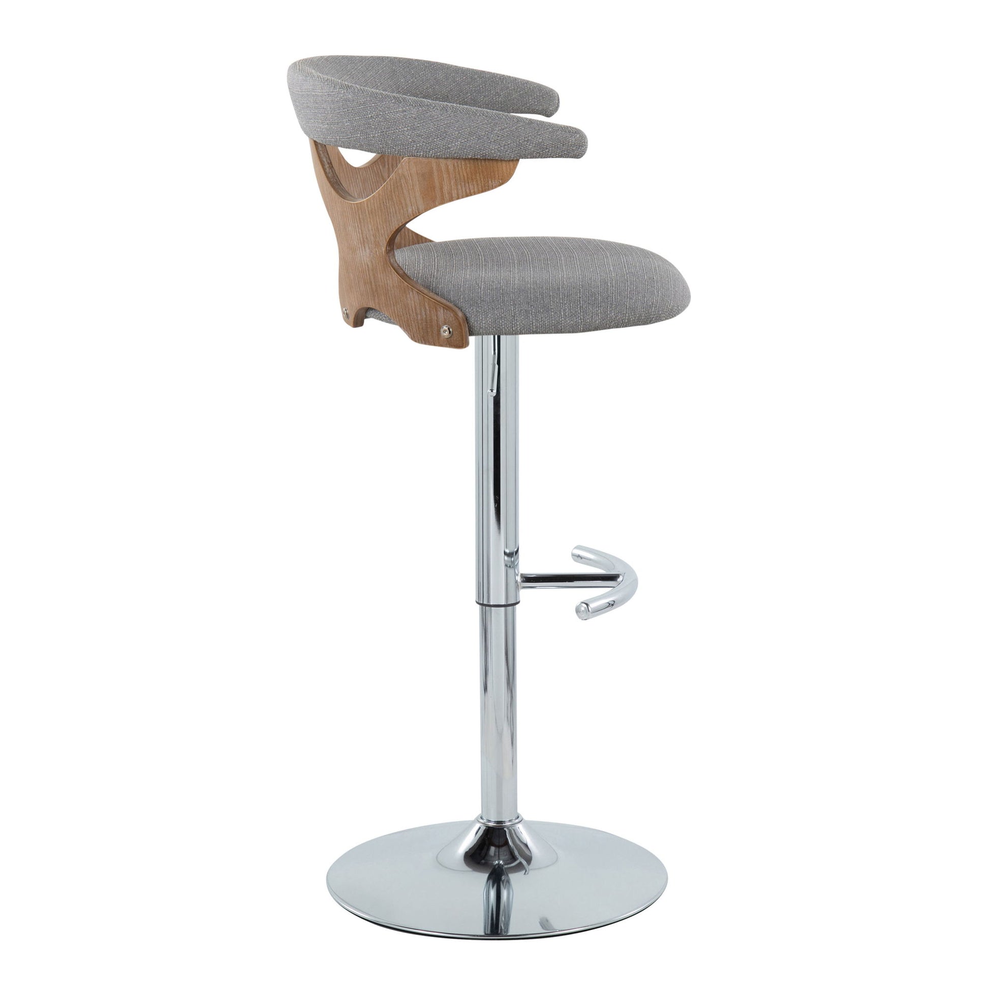 The Gardenia Contemporary Adjustable Barstool (Set of 2) features a curved wooden backrest, gray upholstered seat, chrome pedestal base, and a rounded T footrest, shown from the side against a white background.