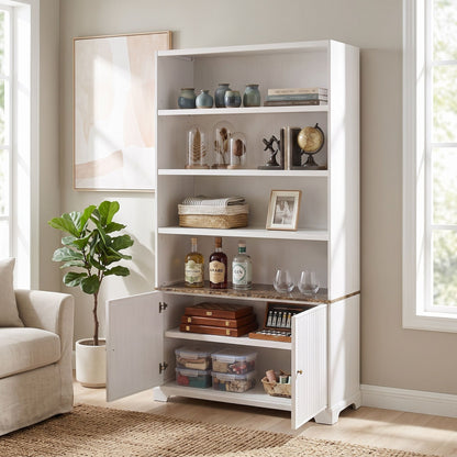 Tall Bookcase Storage Cabinet With 3 Open Shelves & Fluted Double Doors