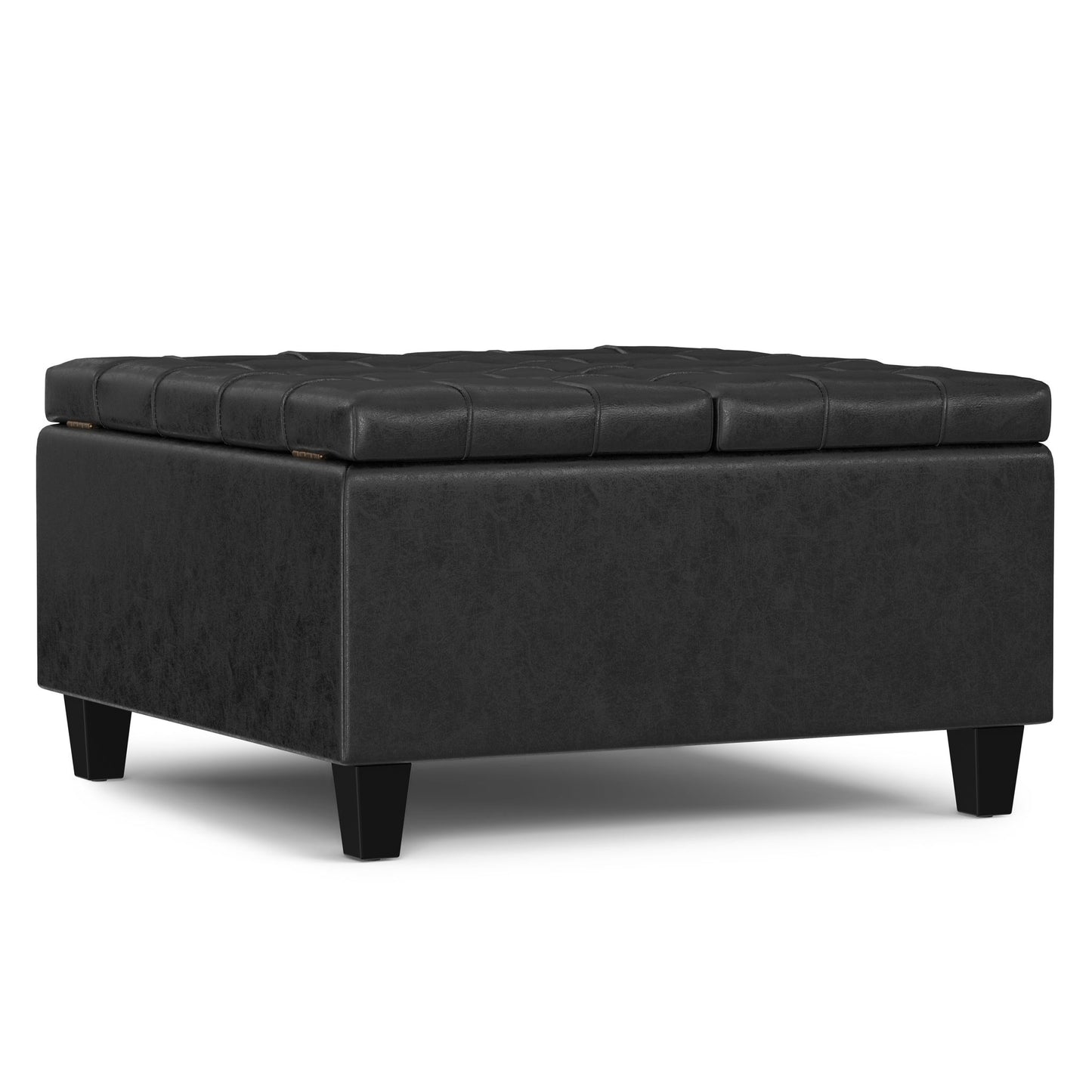 The Harrison - Large Coffee Table Storage Ottoman is a black, square, tufted leather piece with short legs and a cushioned top, perfect for seating or use as a footrest.