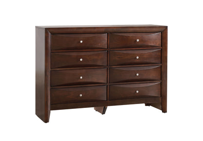 The Marilla dresser is a dark brown wooden piece with eight drawers, each fitted with a small round metal knob, shown against a plain white background.