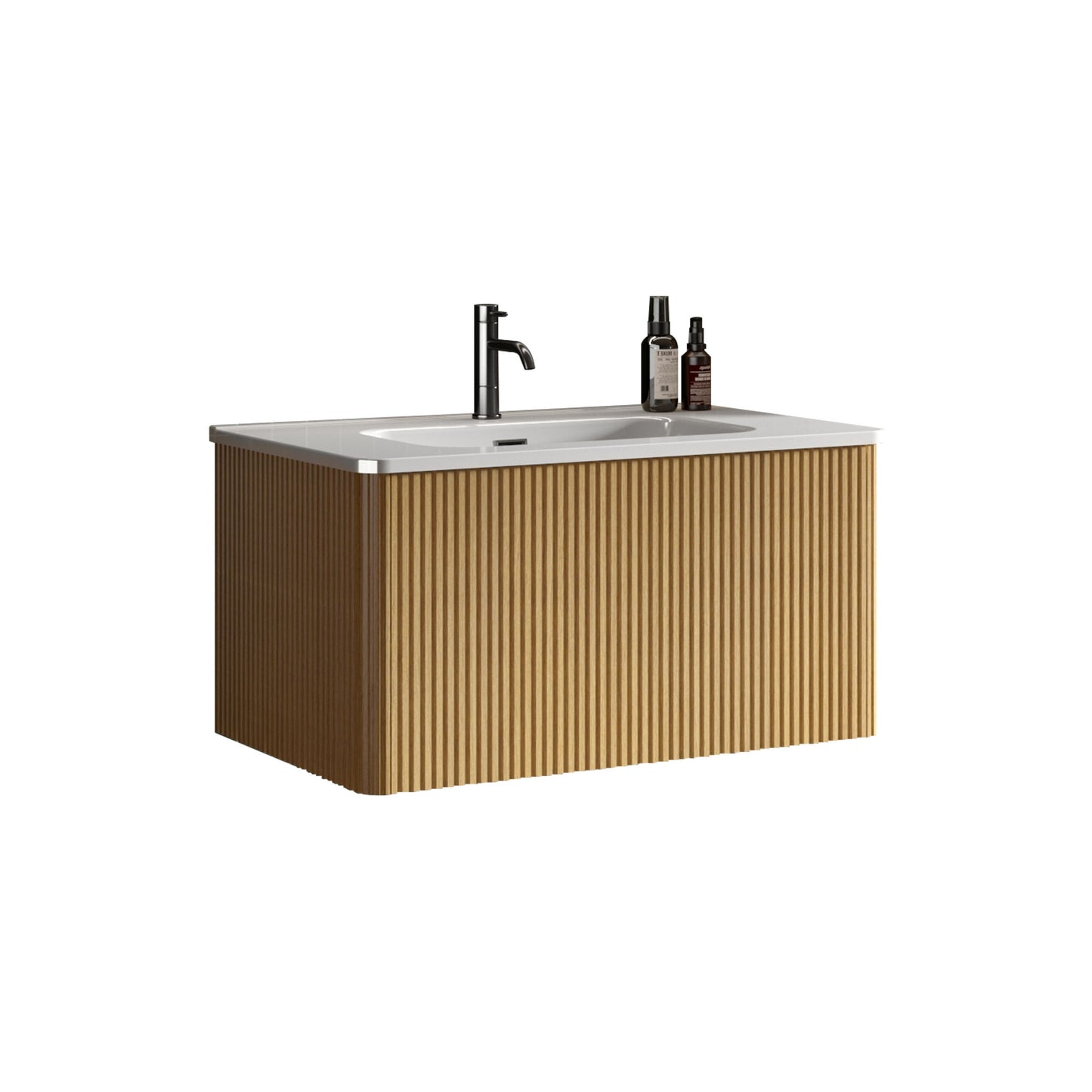 The Etna Striped Bathroom Vanity features a ribbed wooden front, wall-mounted design, ceramic sink with white countertop, black faucet, and space for bathroom essentials. Perfect for a modern bathroom.
