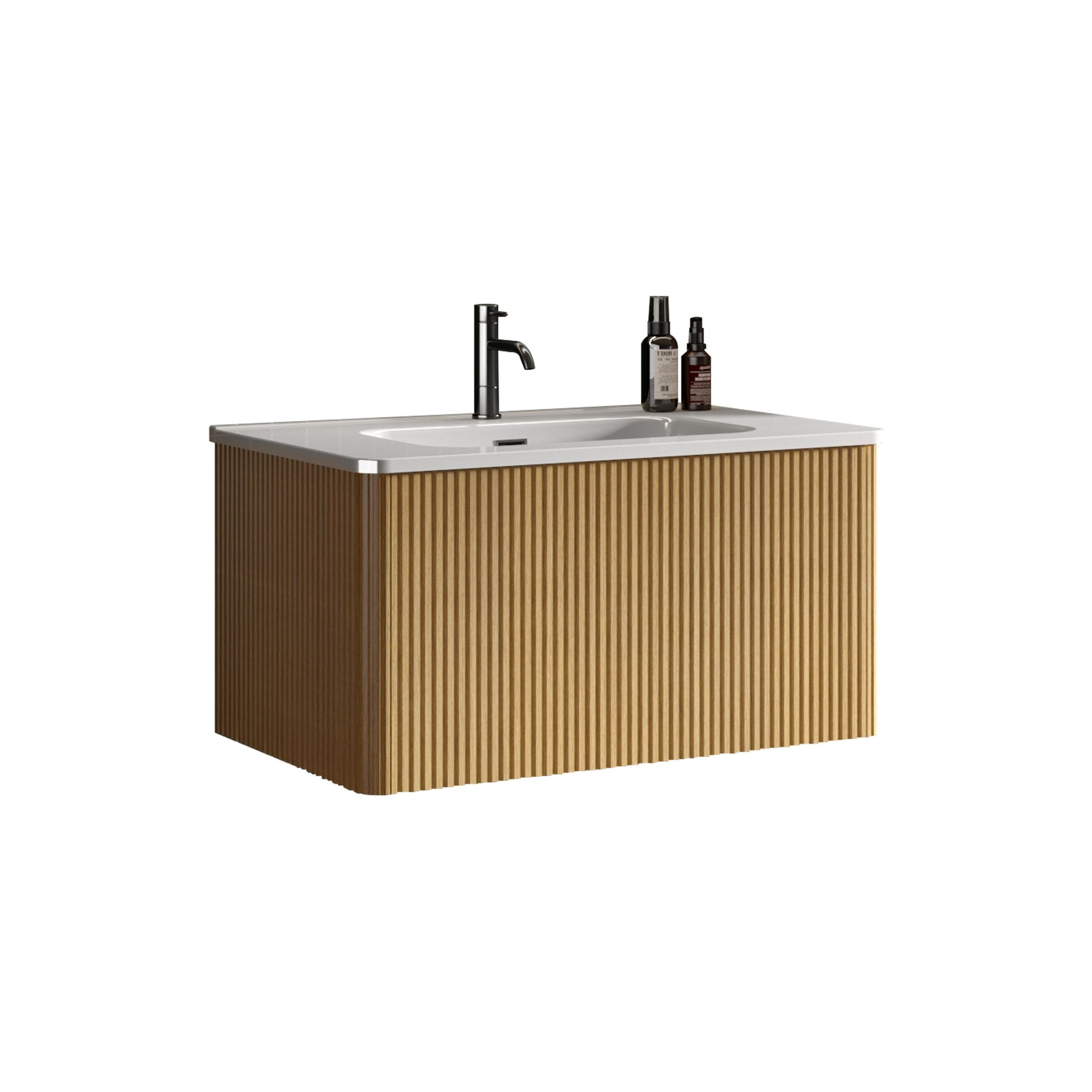 The Etna Striped Bathroom Vanity features a ribbed wooden front, wall-mounted design, ceramic sink with white countertop, black faucet, and space for bathroom essentials. Perfect for a modern bathroom.