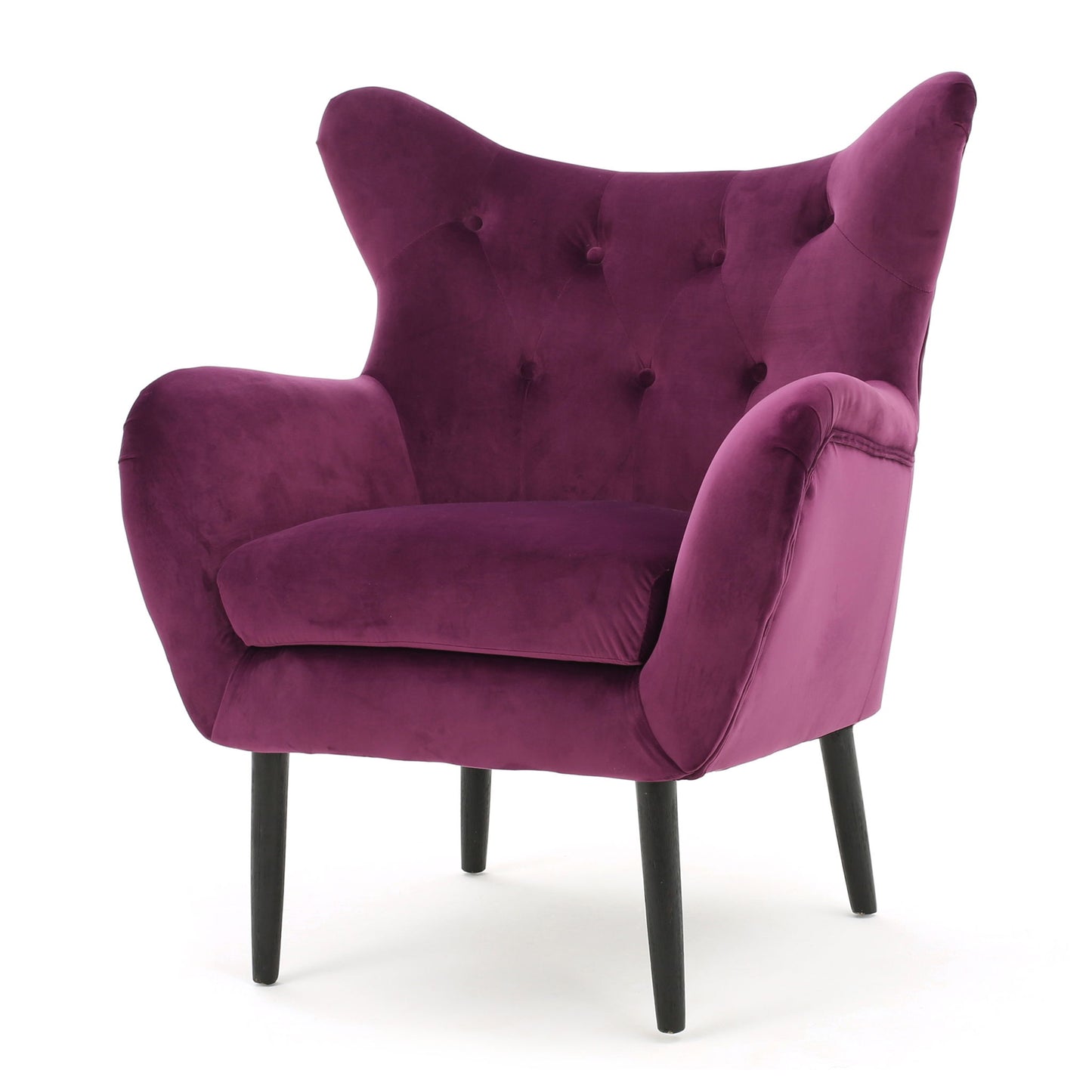 The Alyssa Mid Century Upholstered Arm Chair features a wingback design, deep purple velvet, button-tufted backrest, curved armrests, and four black tapered legs for a stylish, contemporary look.