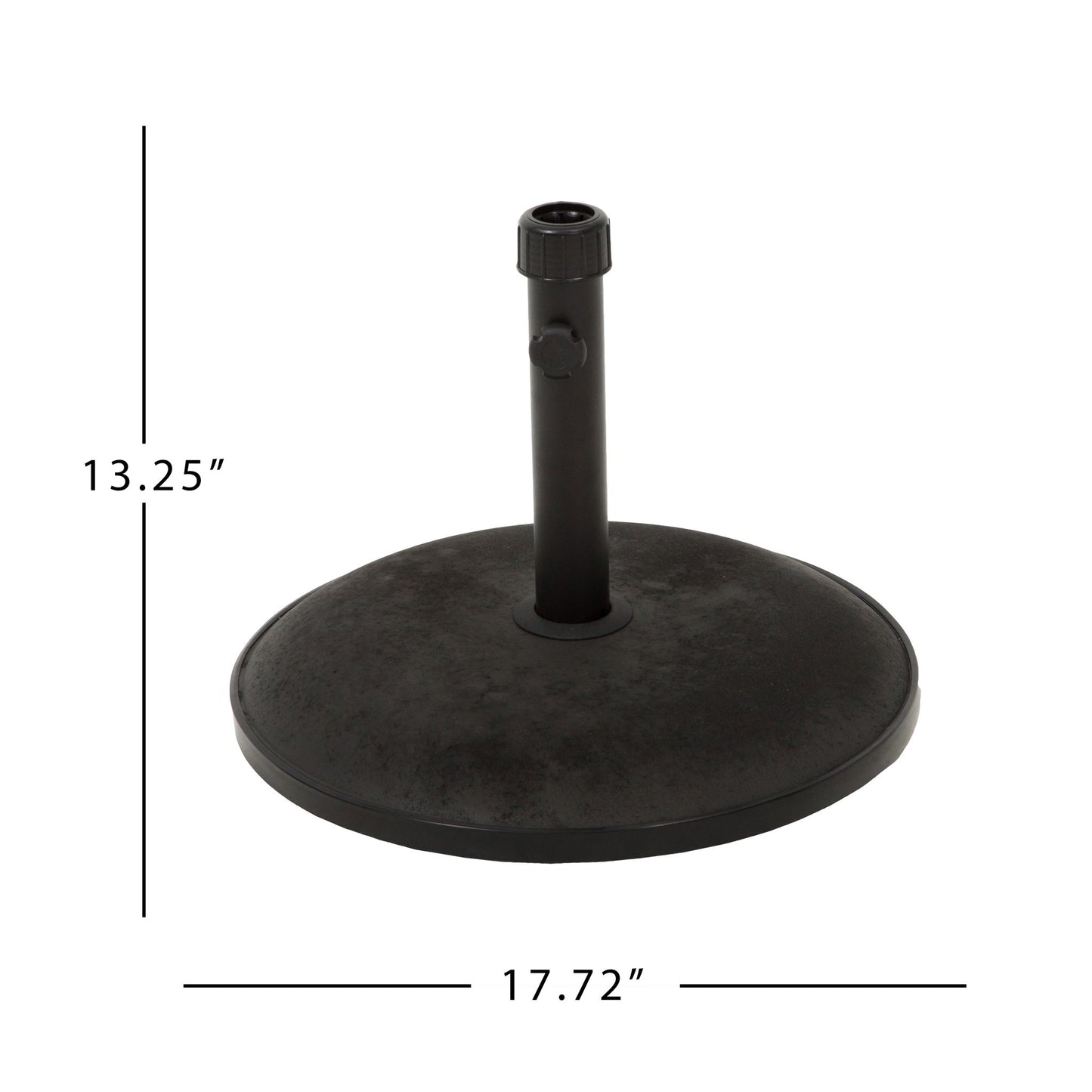 The Stylish Concrete Umbrella Base With Iron Support Pole - Black features a central upright pole holder. The base measures 17.72" wide and 13.25" tall, with labeled measurements shown in the image.