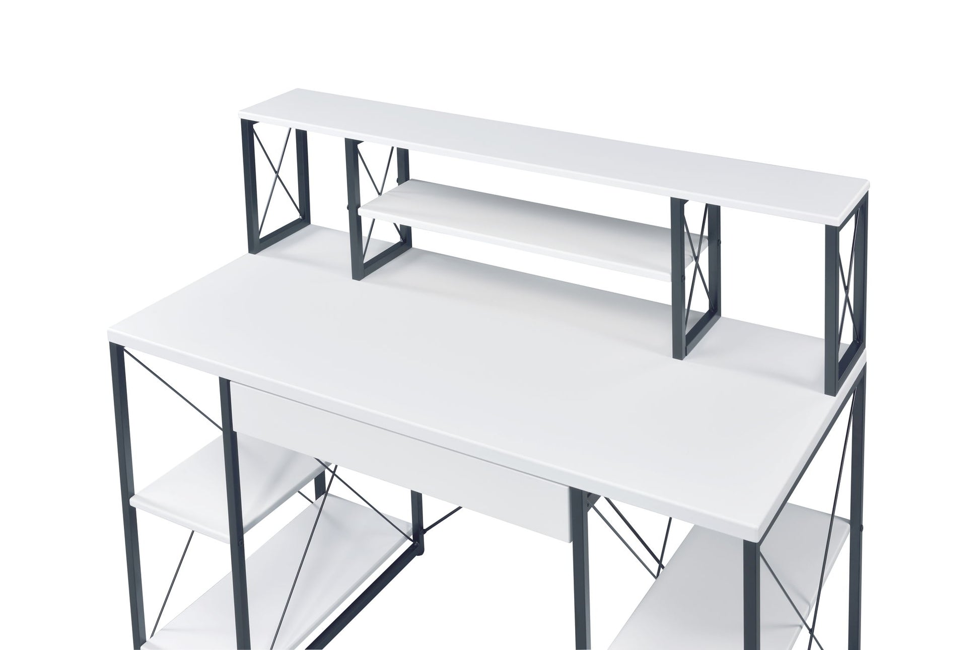 The Amiel - All Purpose Writing Desk is a modern white desk with a black metal frame, featuring multiple shelves, including a raised monitor shelf and side storage shelves, all set against a white background.