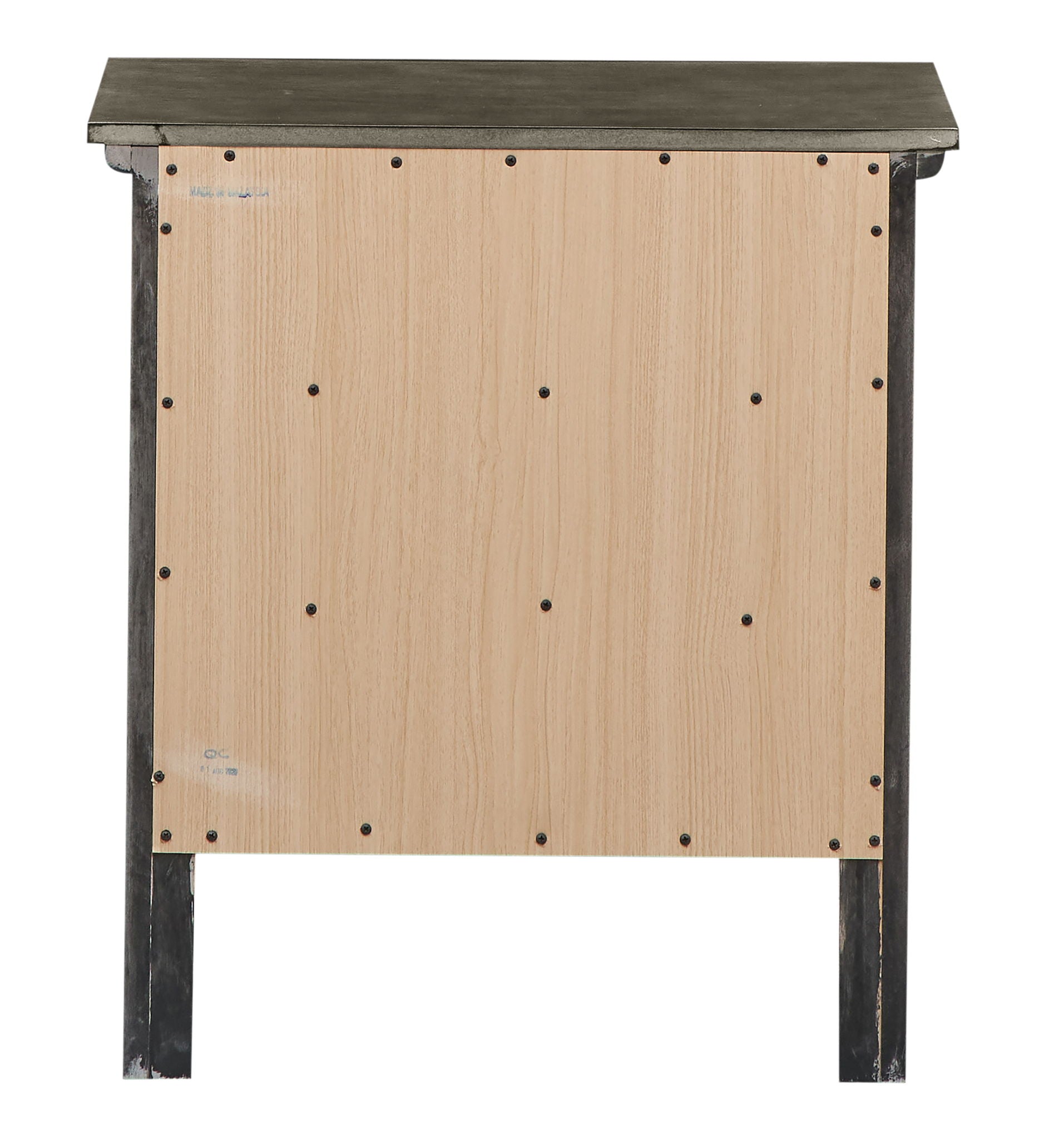 The Hammond - 3 Drawer Nightstand features a rectangular design with a light wood panel at the back, secured by black screws, and supported by black metal legs.