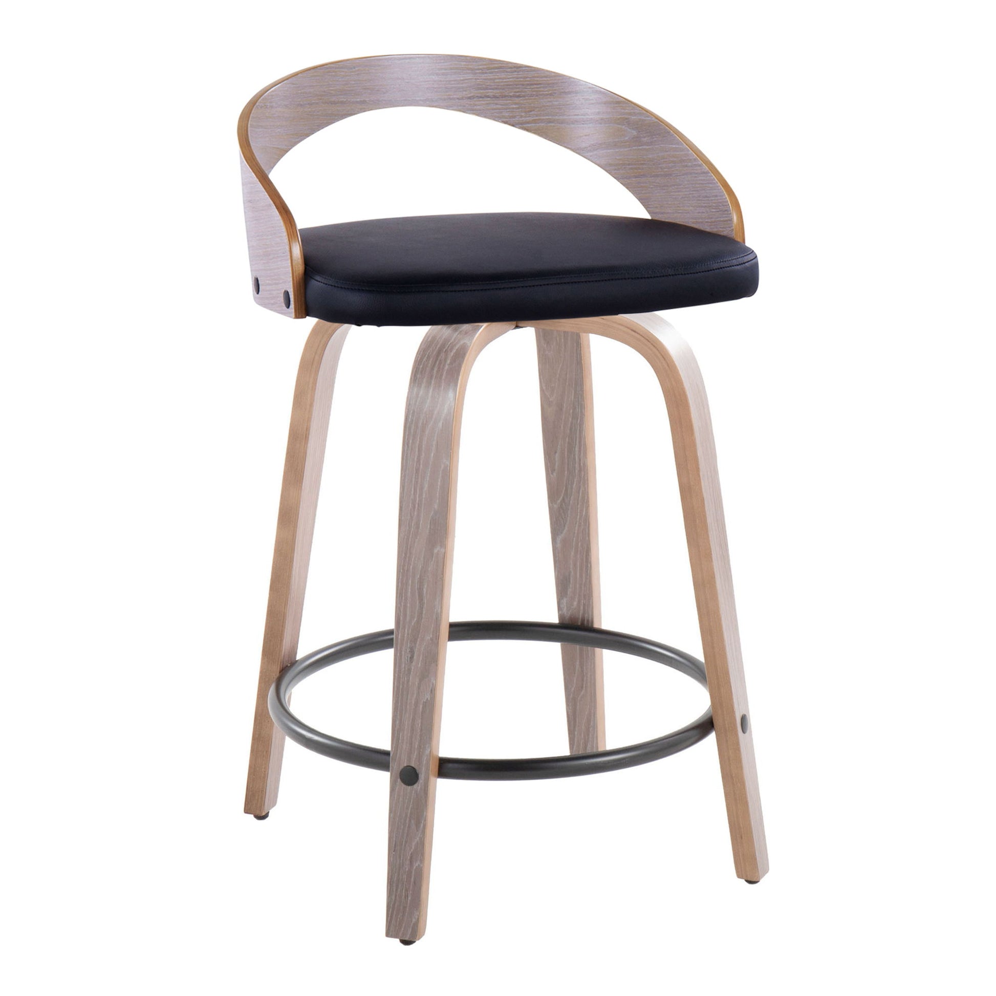 The Grotto - Contemporary Fixed Height Counter Stool & Swivel features light wood legs, a round black cushioned seat, a circular black footrest, and a curved wooden backrest. Sold as a set of 2.