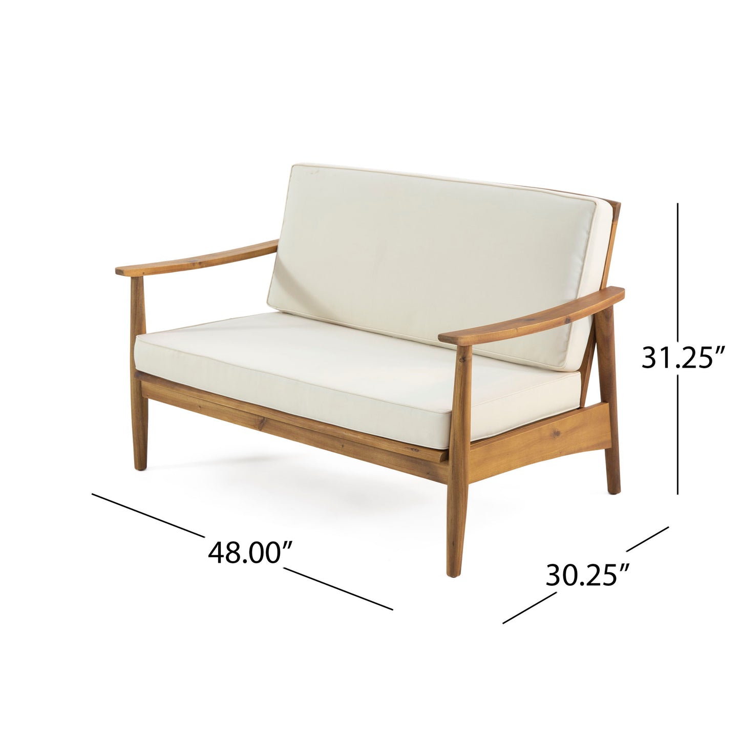The Outdoor Acacia Wood Loveseat Set With Coffee Table features a wooden loveseat with cream cushions, armrests, and a minimalist mid-century design. Dimensions: 48"W x 31.25"H x 30.25"D.