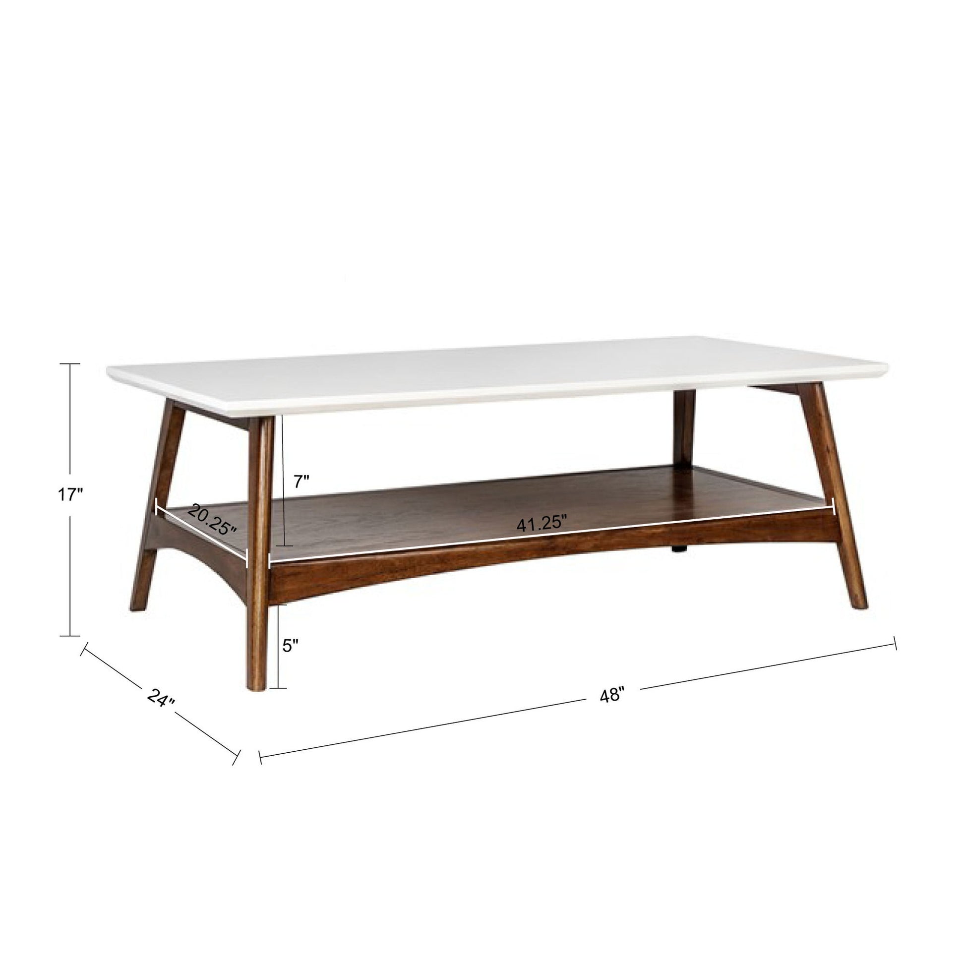The Modern Table With Extra Storage features a white top, wooden frame, and lower shelf. It measures 48"L x 24"W x 17"H with a 7" high lower shelf that is 41.25" wide and sits 5" above the floor.