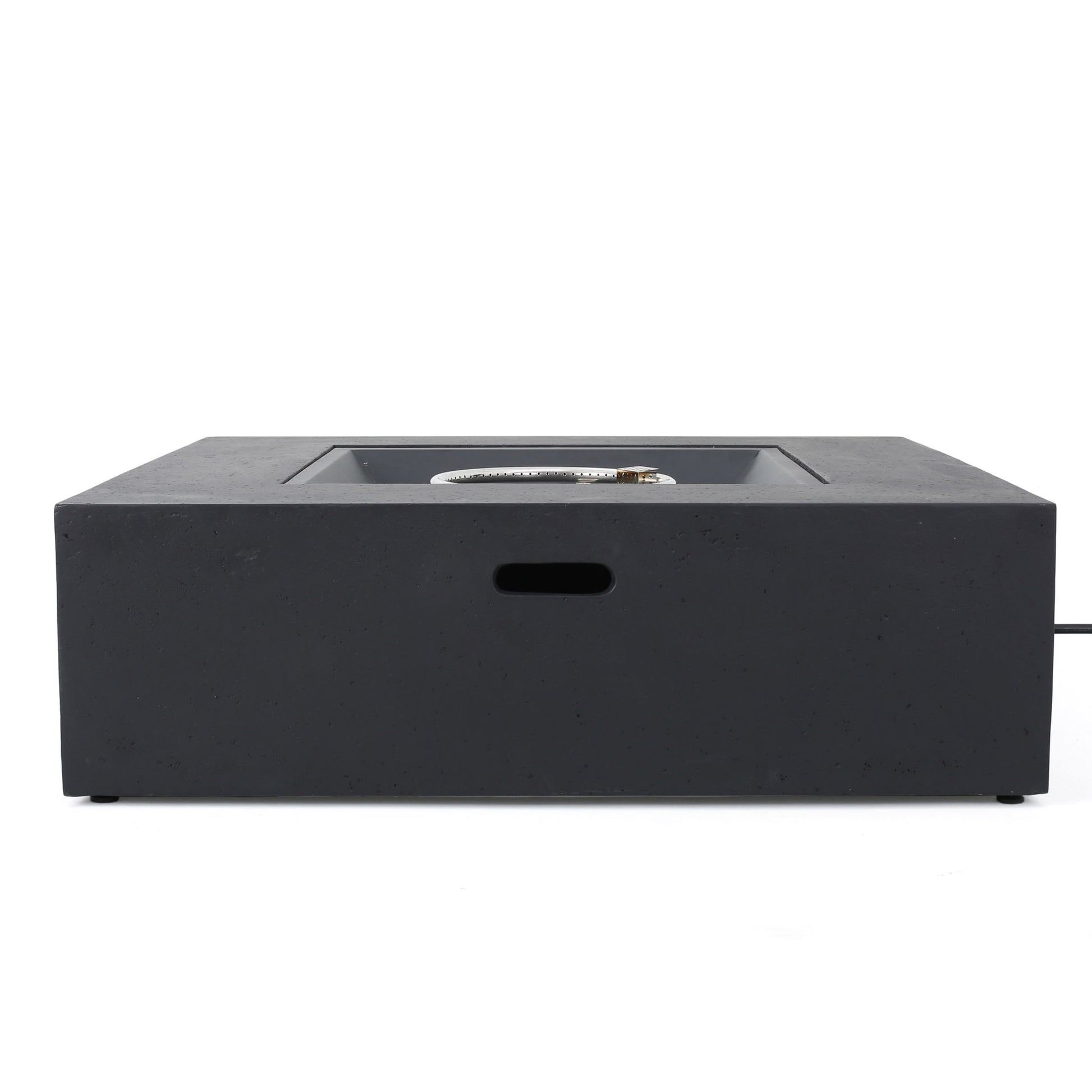 The Modern 50,000 Btu Square Fire Table With Propane Tank features a sleek black tabletop, minimalist design, front handle cutout, and a central circular burner.