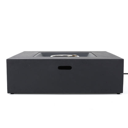 The Modern 50,000 Btu Square Fire Table With Propane Tank features a sleek black tabletop, minimalist design, front handle cutout, and a central circular burner.
