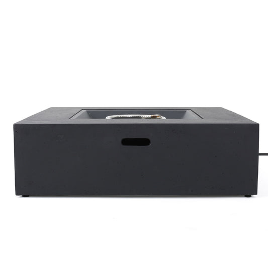 The Modern 50,000 Btu Square Fire Table With Propane Tank features a sleek black tabletop, minimalist design, front handle cutout, and a central circular burner.