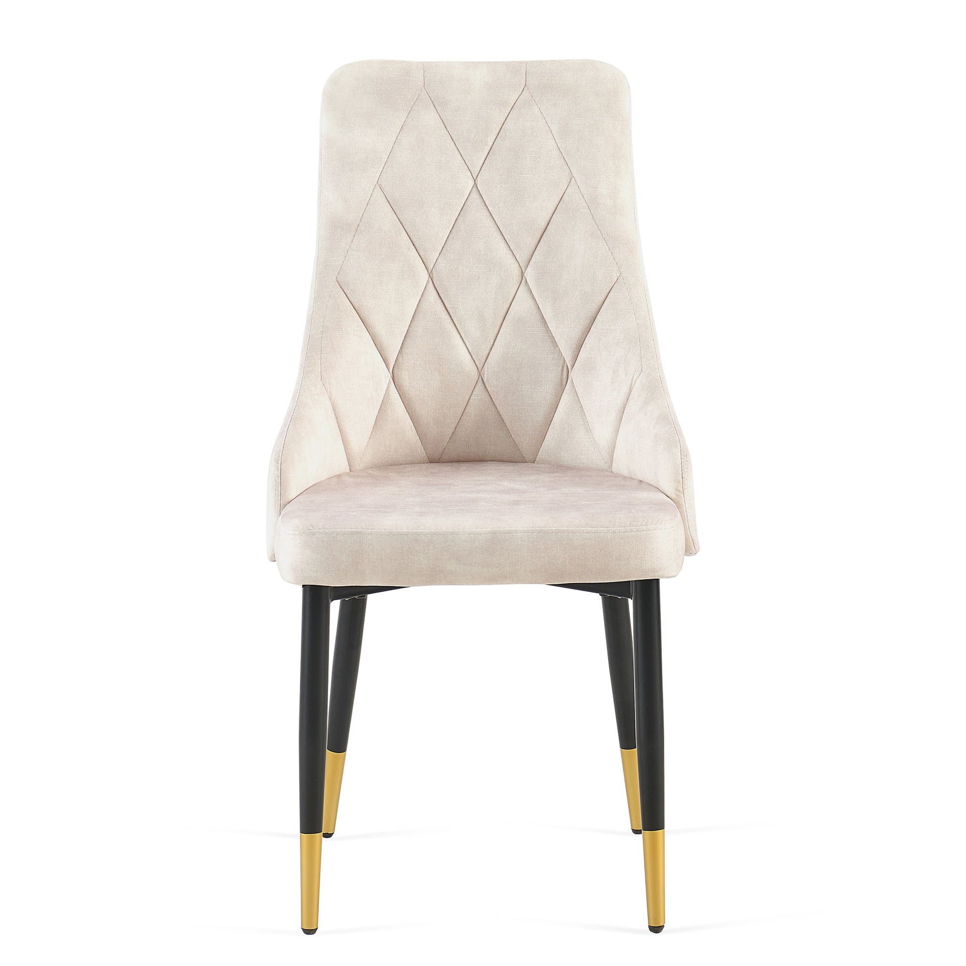 The Dining Chairs Living Room Chair is a modern beige armless side chair with a diamond-patterned backrest, black metal tapered legs, and gold-colored caps, shown against a white background.