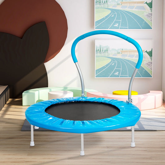 The Kangle Store Trampoline With Handle, a small blue trampoline with a curved handlebar, is placed in a bright room featuring wooden floors, modern abstract furniture, and framed running track art on the wall.