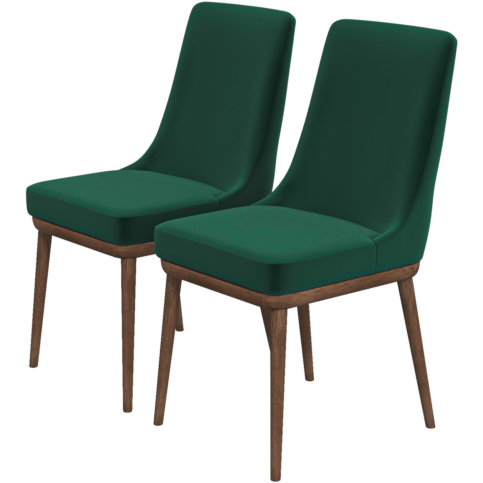 The Kate Mid-Century Modern Dining Chair set includes two chairs with dark green upholstered seats and backs, plus wooden legs and frames. They are shown side by side, facing forward.