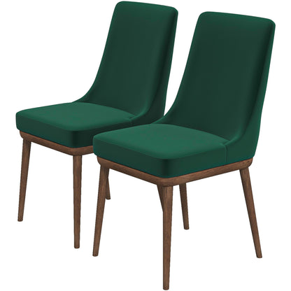 The Kate Mid-Century Modern Dining Chair set includes two chairs with dark green upholstered seats and backs, plus wooden legs and frames. They are shown side by side, facing forward.