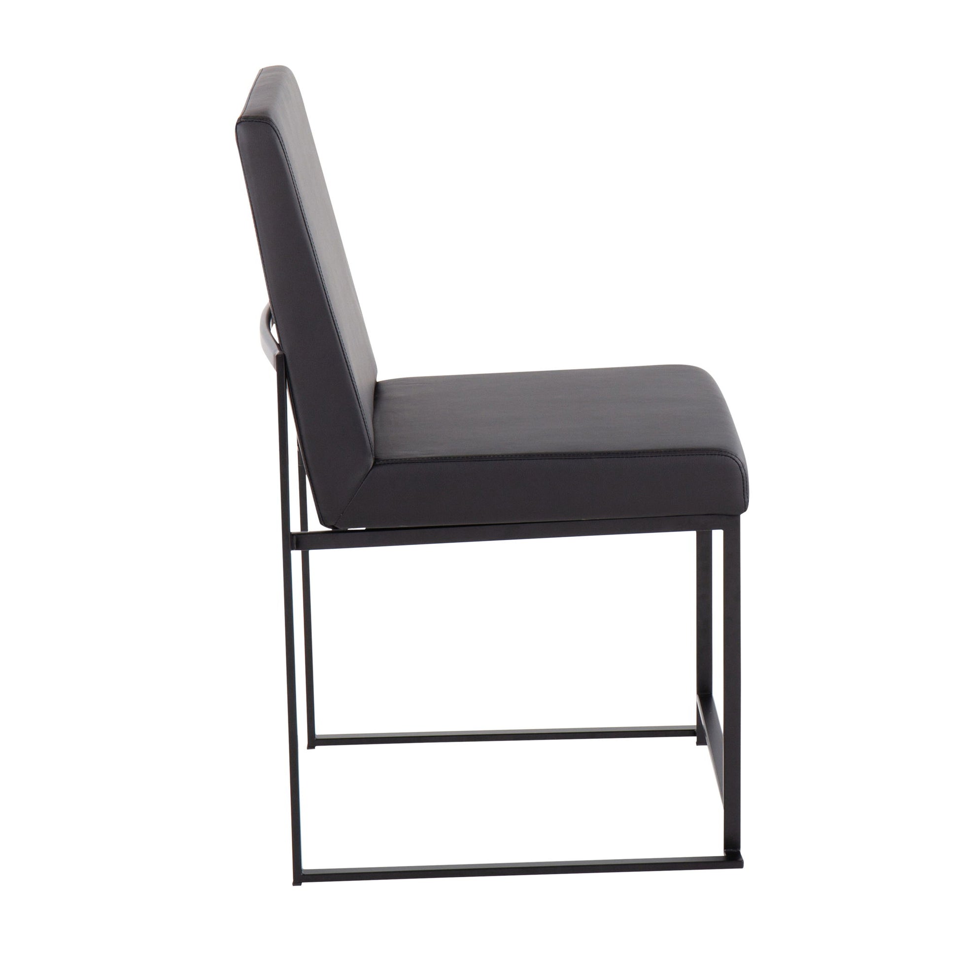 Side view of the Fuji High Back Dining Chair (Set of 2) in modern black, featuring a padded seat and backrest on a sleek black metal frame for contemporary elegance.