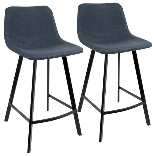 The Outlaw Industrial Counter Stool set includes two modern stools with dark blue upholstered seats and black metal legs, shown side by side against a white background.