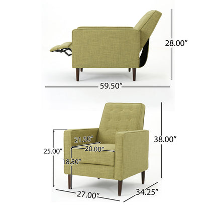 Two views of the Mid-Century Modern Recliner With Button Tufted Waffle Stitch: 59.5"x28" reclined, 27"x34.25"x38" upright, seat height 18.5", seat width 20", seat depth 21.5", arm height 25".