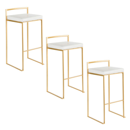 The Fuji - Contemporary / Glam & Quality Construction Barstool features gold metal frames, white cushioned seats, minimalistic backrests, and a sleek design. Three stools are arranged in a staggered pattern against a white background.