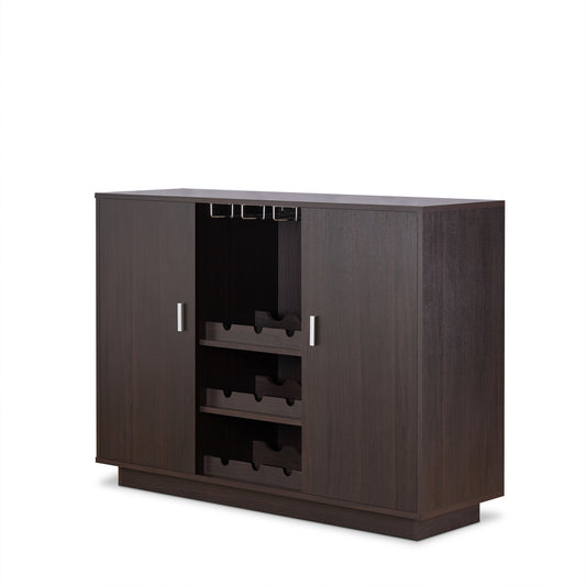 The Hazen - Wine Cabinet II - Espresso features a modern rectangular design, two closed side doors with silver handles, a central open section with hanging wine glass racks, and two shelves for bottle storage.