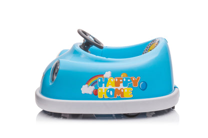 A blue Bumper Car For Kids (12V, dual drive, for ages 1-6) features a steering wheel, headlights, "Happy Home" rainbow decal, anti-collision bumper, USB/Bt music, rocking horse mode, and dinner plate; shown on a white background.