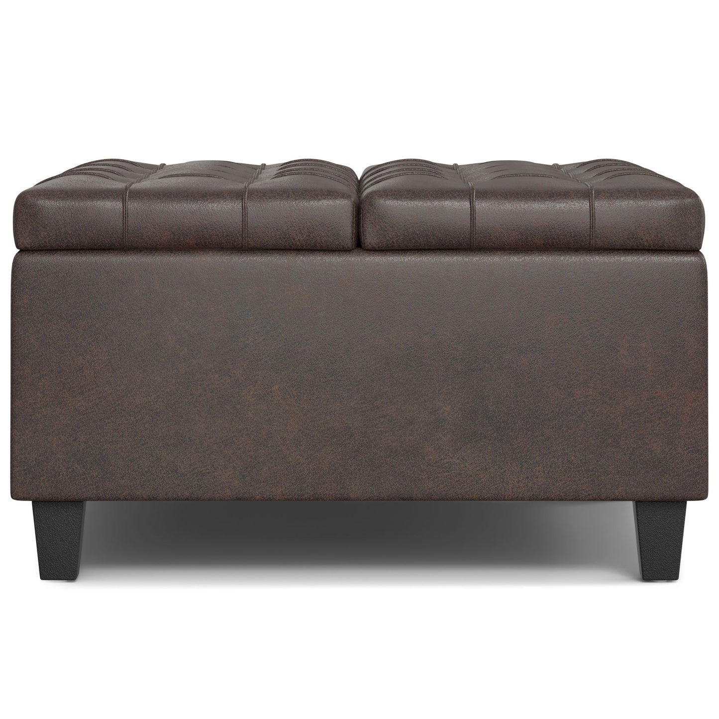 The Harrison Upholstered Coffee Table Storage Ottoman features dark brown tufted leather, a rectangular shape, and short black legs, shown from the front against a white background.