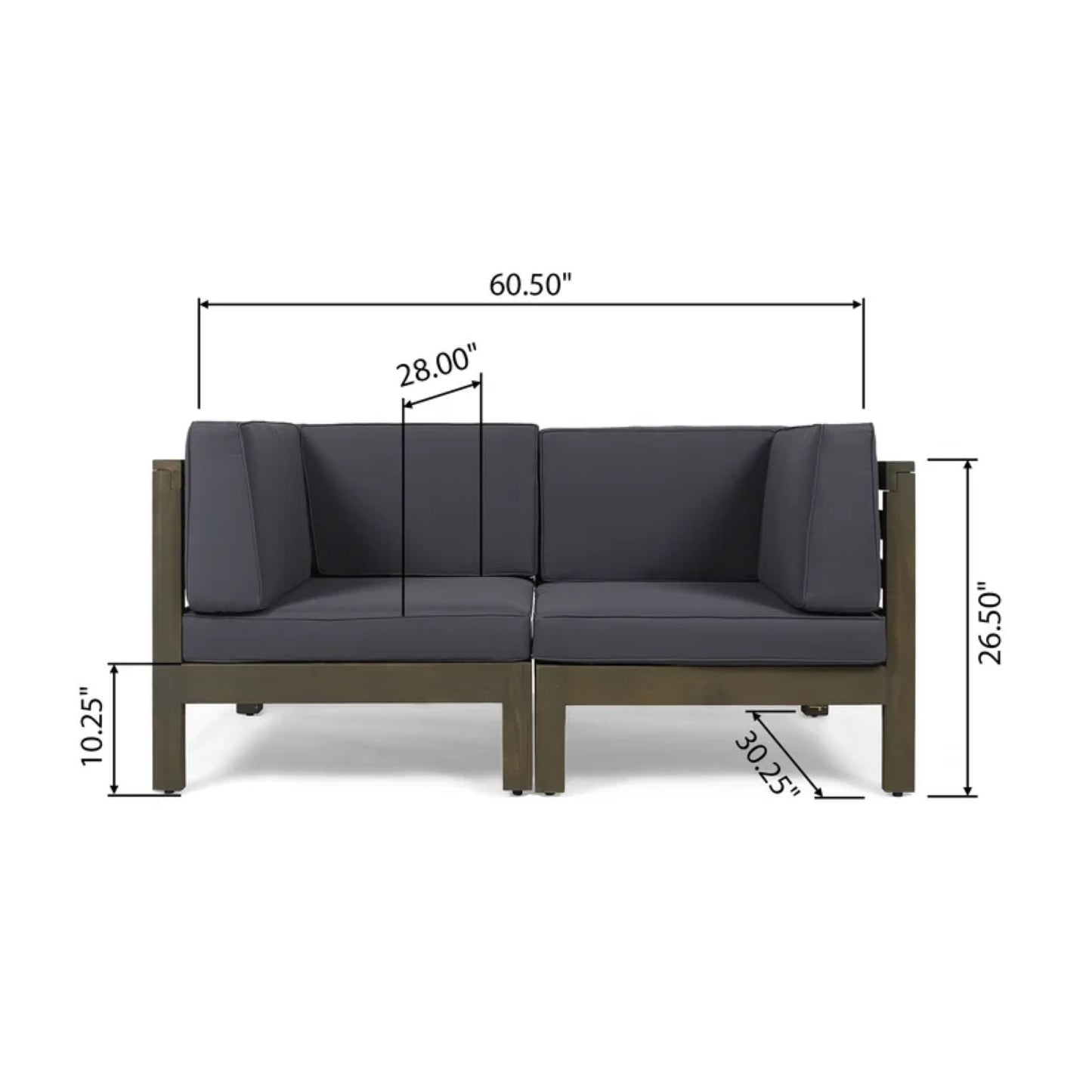The Oana 2 Piece Loveseat Set with water-resistant cushions, shown at an angle, features a wooden frame and labeled dimensions: 60.5" wide, 26.5" tall, 30.25" deep, with seat height of 10.25" and seat depth of 28".
